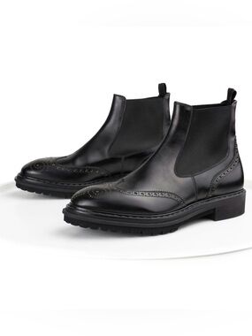 Black Leather Chelsea Ankle Boots Brogue Detail Chunky Heel Comfort Style Sz 8.5